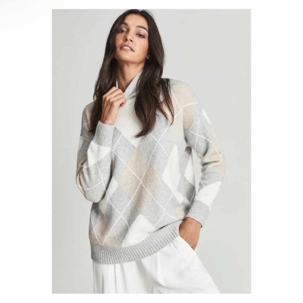 Reiss Women's Gray Cream Beige Argyle Cashmere-Blend Sweater